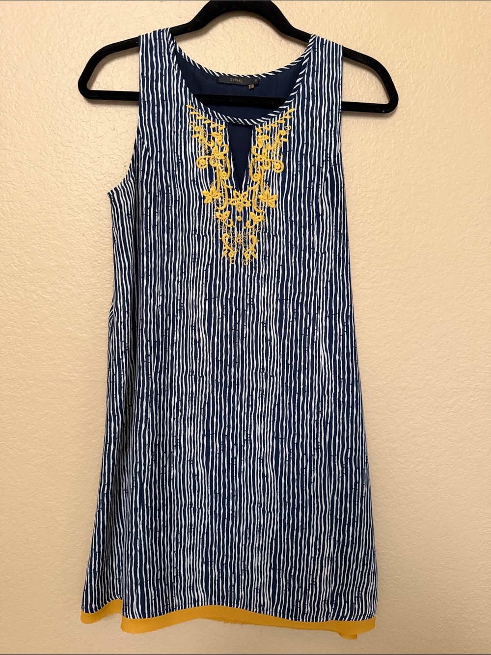 THML Sleeveless Navy Stripe Dress with Yellow Embroidery- Small